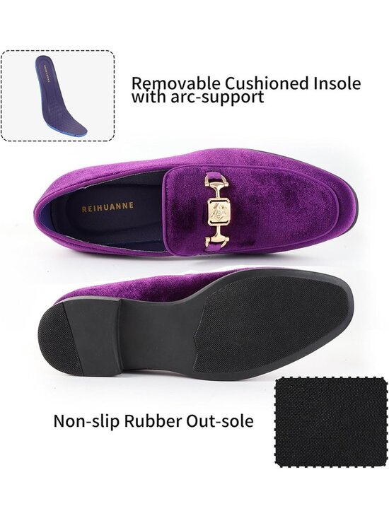 REIHUANNE Men\'s Purple Velvet Loafer Metal Buckle Slip On Luxury Smoking Shoes main image 6
